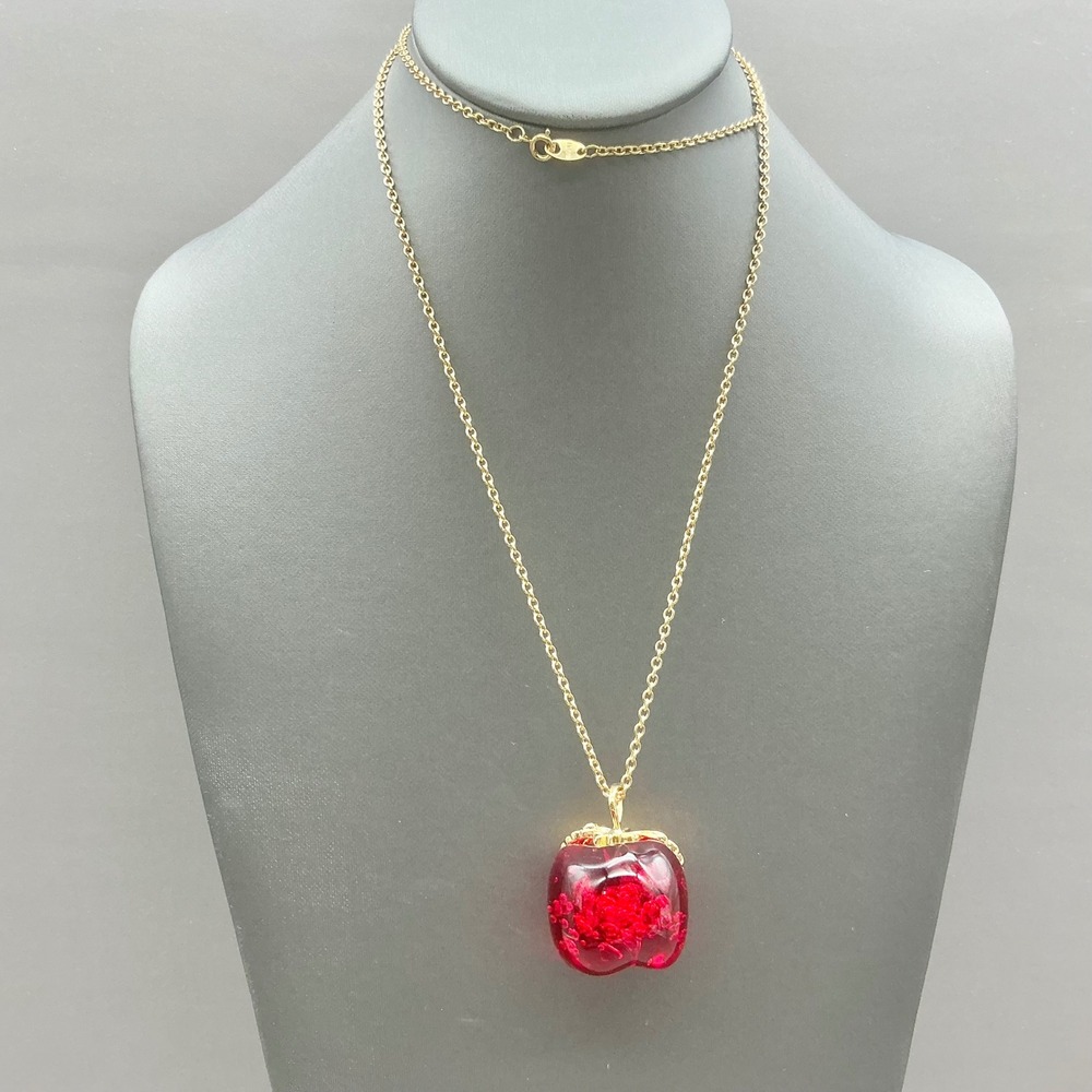 Avon Necklace Women Red Lucite Apple Pendant Gold Tone Chain Vintage Jewelry